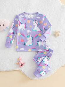 SHEIN Babygirl 可爱卡通图案针织舒适长袖家居服套装 - 彩色 - 查看 1