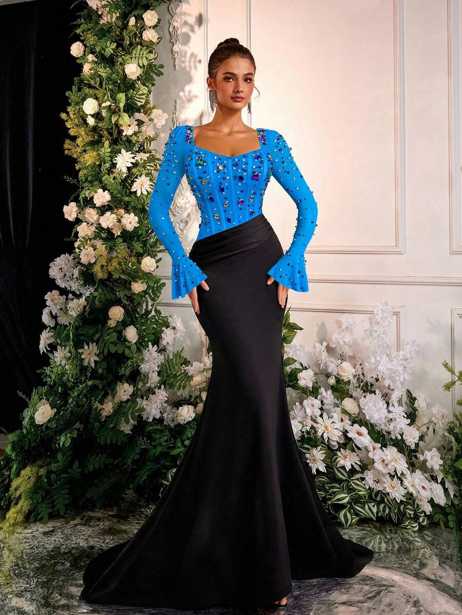 Glamrae Elegante vestido de noche de gala largo con mangas de volantes de malla negra y caqui, con detalles de lujo de strass - Agua verde azul - Ver 1