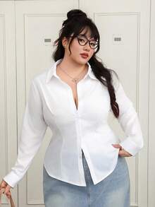 CovetEZ 加大码性感简约修身腰部凸显白色衬衫，女士秋季服装白色衬衫优雅商务休闲女式衬衫女式白色纽扣衬衫 - 白色 - 查看 5