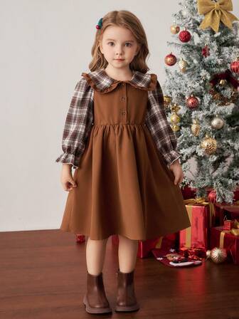 PrepCrw Young Girls' Plaid Patchwork Lapel Front Button Long Sleeve Dress