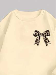 1 套年轻女孩休闲时尚简约豹纹蝴蝶结图案连帽衫和紧身裤套装，杏色，适合秋冬日常和学校服装 - 彩色 - 查看 4