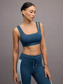 Activina Women's Solid Color Cutout Shoulder Everyday Fitness Sports Bra - Blue - View 5