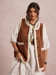 Freevana Gilet in camoscio e pile per donne taglie forti, casual per vacanze