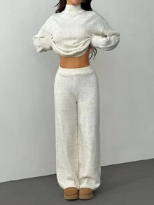 SHEIN PETITE 女士休闲舒适简约时尚宽松针织毛衣和高腰弹力休闲裤两件套，秋冬 - 杏色 - 查看 6