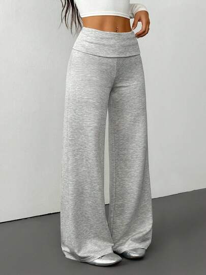SHEIN PETITE Women's Solid Color Fold-Over Waist Wide-Leg Loose Casual Pants Sweatpants, All-Match Home Wear For Autumn And Winter Wide Leg Sweatpants Comfy Pants Knit Pants Grey Pants Flared Sweatpants Fold Over Pants,Fall,Fall Clothes For Women