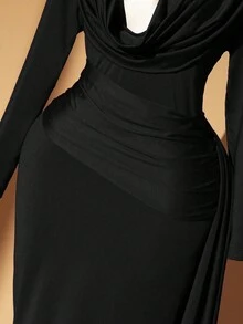 Rometta Plus Size Women's Solid Color Ruffled Neck Long Sleeve Pleated Waist High-End Party Elegant Dress - Black - View 6