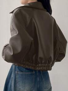 DAZY Áo khoác ngắn PU trơn màu thời trang dành cho nữ, Áo khoác da mùa thu dành cho nữ - màu nâu - Xem 4