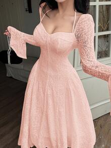 Feyla Đầm midi tay loe cổ yếm thời trang nữ - Màu Hồng baby - Xem 1