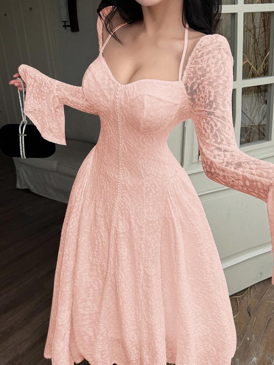 Feyla Đầm midi tay loe cổ yếm thời trang nữ - Màu Hồng baby - Xem 1