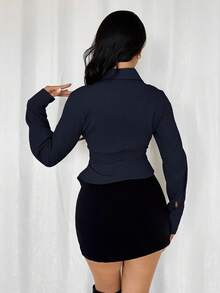 Modelyn Camisa de manga larga de unicolor y estilo minimalista para mujer, para uso casual diario - Azul Marino - Ver 2