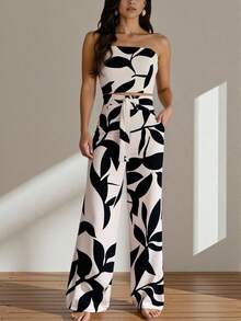 INAWLY 2 Pieces Loose Jumpsuit Set With Bandeau Top And Wide Leg Pants, Casual Vacation