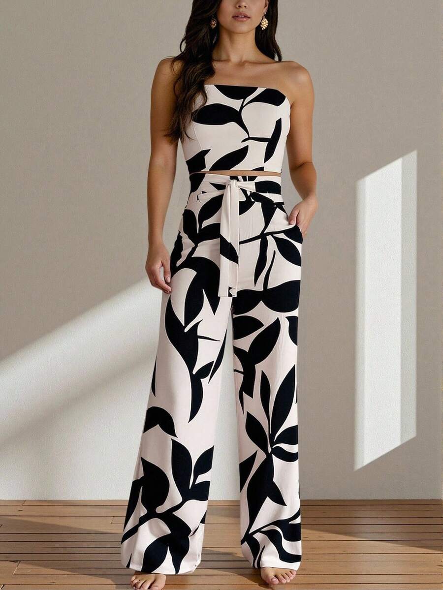 INAWLY 2 Pieces Loose Jumpsuit Set With Bandeau Top And Wide Leg Pants, Casual Vacation