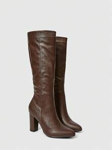 SHEIN BAE 女式粗跟过膝靴，侧拉链，欧美复古风格，秋冬时尚尖头潮流靴，搭配夹克 - 咖啡棕 - 查看 1