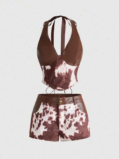 Hippie Ensemble 2 pièces top brassière et mini-short taille basse en patchwork imprimé animal style vintage pour femmes