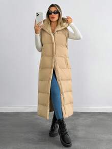 EURMUSE Solid Color Hooded Sleeveless Pockets Long Hooded Padded Coat - Beige - View 5