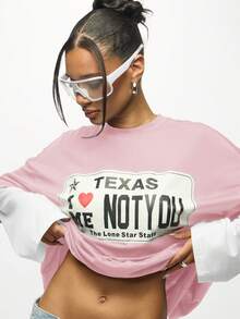 SUMWON WOMEN 双层图案 T 恤德克萨斯州车牌印花超大休闲上衣圆领短袖夏季节日街头服饰 - 淺粉色 - 查看 3