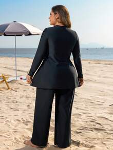 Swim Mulvari Bộ đồ bơi rộng rãi, buộc eo hai bên, màu trơn cỡ lớn dành cho nữ, giúp thon gọn và che khuyết điểm, chống nắng, đi nghỉ - màu đen - Xem 2