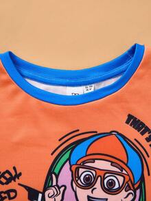 Blippi X SHEIN 小男孩休闲卡通图案圆领拼色宽松针织T恤 - 彩色 - 查看 3