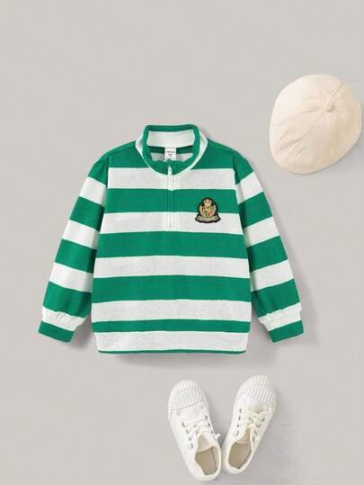 Joliand Joliand 1 pieza Suéter de media cremallera de manga larga con cuello polo a rayas verdes y blancas, estilo elegante y casual para niño, adecuado para actividades al aire libre, reuniones, regreso a la escuela, otoño e invierno, alegría de colores, otoño