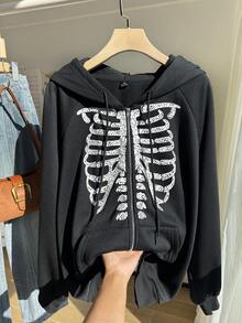 SHEIN EZwear Sudadera con cremallera de talla grande con estampado de esqueleto para Halloween, sudadera de esqueleto, sudadera de Halloween, sudadera con cremallera negra, sudadera gótica para invierno, otoño - Negro - Ver 3