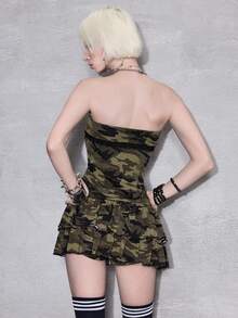 ROMWE J-Fashion Y2K Sexy Mini Puff Skirt Camouflage Cross Rhinestone Decor Strapless Women Short Dress - Multicolor - View 3