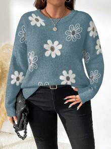 Plus Size Floral Pattern Knit Sweater, Casual For Autumn/Winter - Baby Blue - View 5