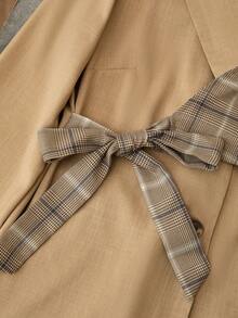 Franclia Women's Grey Plaid Autumn Elegant Office Blazer,Notched Lapel Tie Detail Versatile Business Urban Jacket For Commuting,Holiday,Casual Wear & Parties - Khaki - View 6