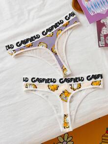 GARFIELD | SHEIN Snug Zone Women's Soft Cute Cartoon Cat Print Contrast Trim Letter Tape Thong - Purple - View 10
