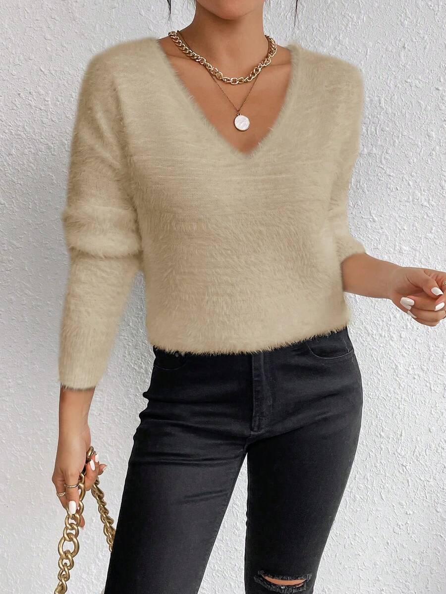 EMERY ROSE White V-Neck Casual Soft Knit Sweater, Long Sleeve Pullover Top, Autumn/Winter - Apricot - View 1