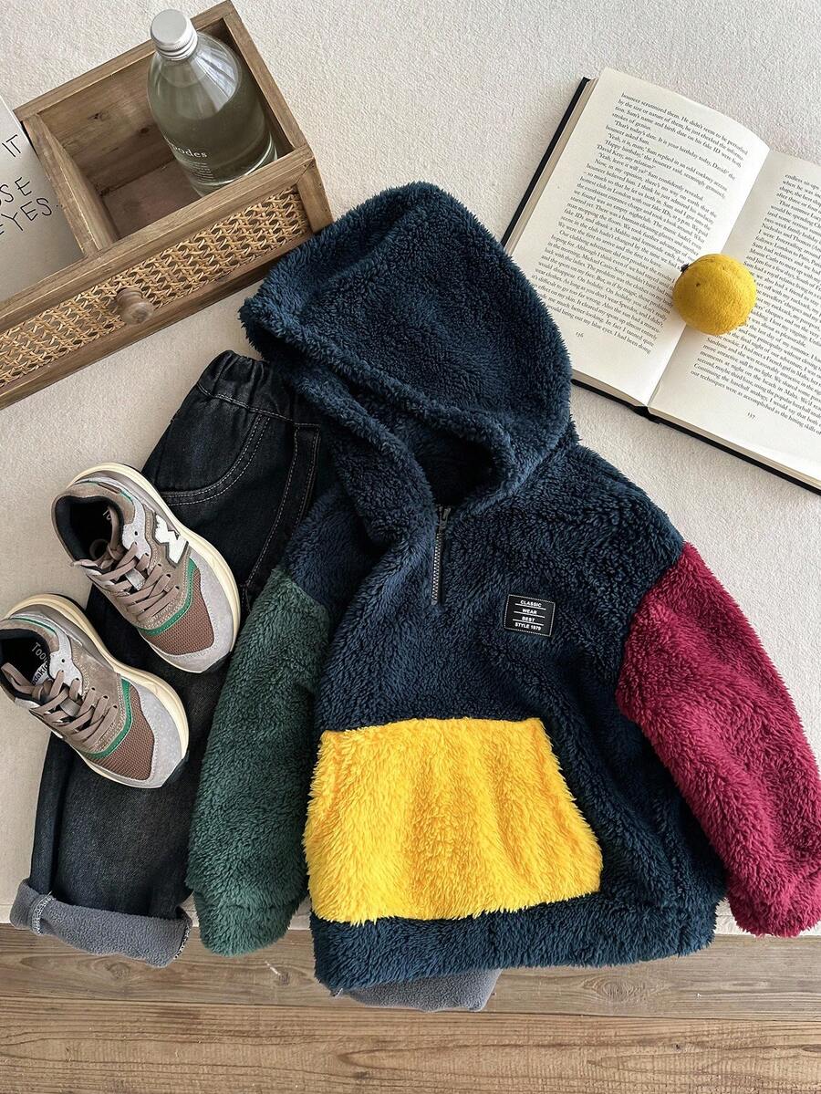 SHEIN Kids/Young Boys Casual Loose Plush Patchwork Sweatshirt Autumn Winter Clothes For Girl - Multicolor - View 1