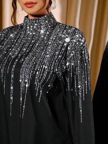 Cravure Set de 2 piezas talla grande para mujer: Blusa de manga larga con cuello mao, bajo asimétrico y estampado de agua, y pantalón de pierna ancha con estampado de agua