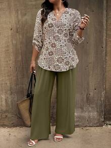 Weeklong Conjunto de 2 piezas para mujer talla grande: Top estampado y pantalones, otoño/invierno - Multicolor - Ver 1