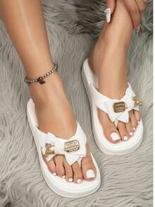 Sandalia para mujer-EVA ligera y cómoda, punta abierta, sin cordones, plataforma gruesa antideslizante, estilo kawaii con moño y oso, para verano y playa, sandalia tipo flip flop - Blanco - Ver 2