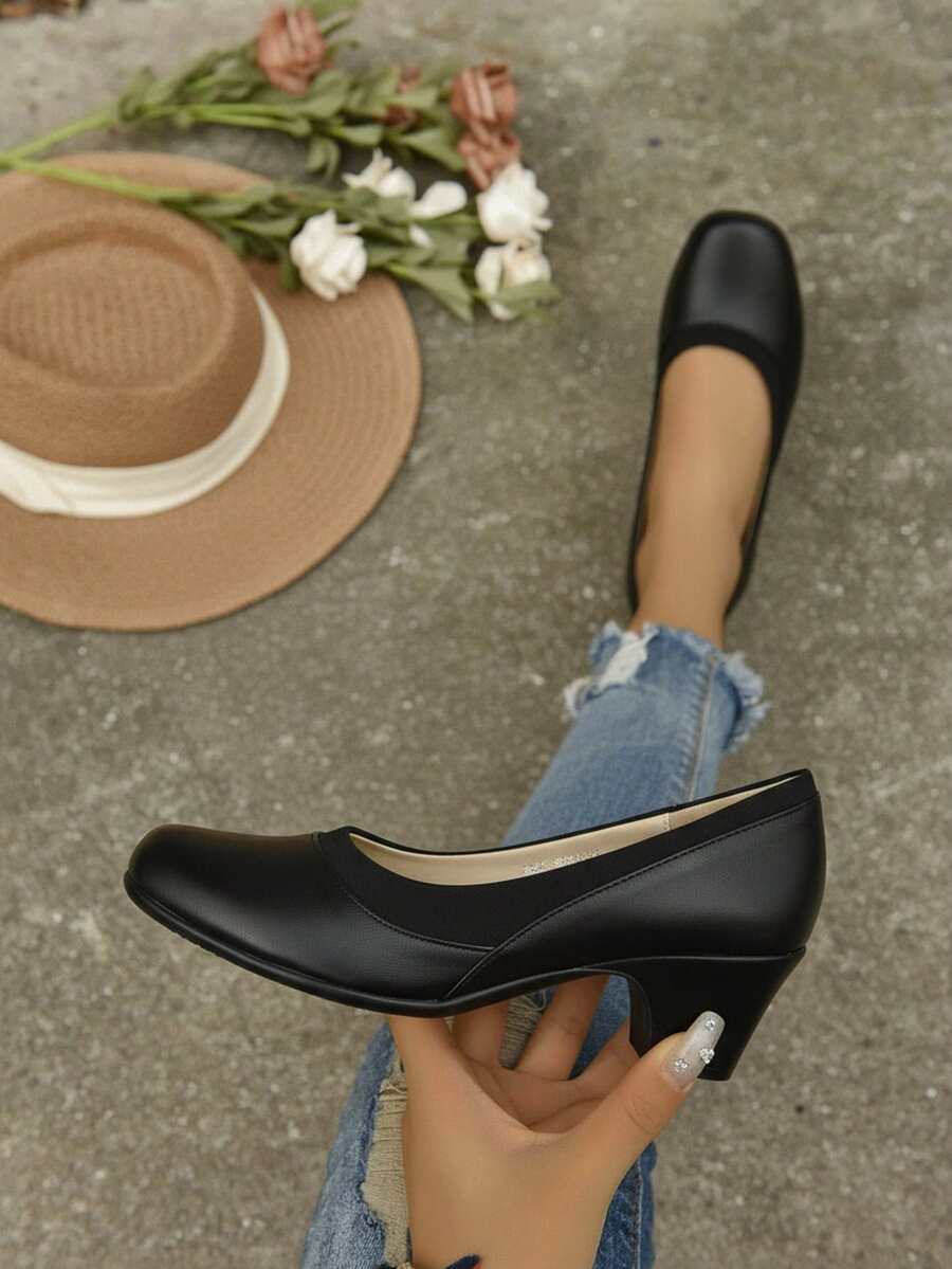 Zapato Mujer Piel Suave Punta Cuadrada Sin Cordones Tacón Grueso Estilo Ejecutivo Para Oficina/Diario Zapatos de Tacón - Negro - Ver 1
