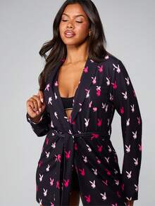 Missguided x Playboy Christmas Print Dressing Gown With Belt - Black - View 4