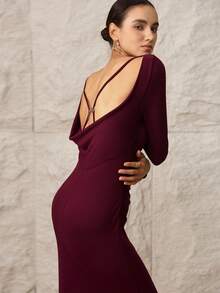Modelyn Women's Elegant Sexy Solid Color Backless Dress - Burgundy - View 2