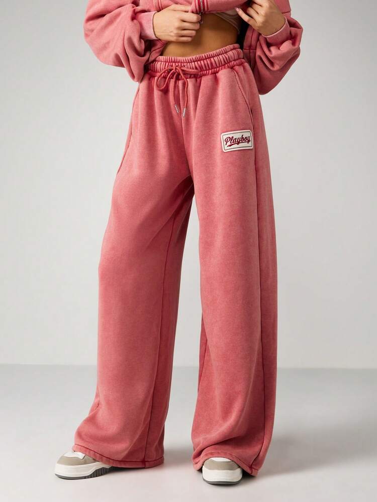 Missguided x Playboy Weihnachts Weite Bein Zugband Jogginghose für Damen, Lässig Gewaschen Fleece Jogginghose mit Taschen