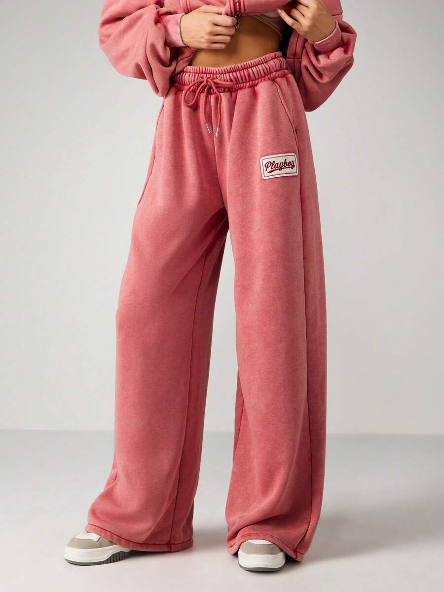 Missguided x Playboy 女士圣诞款阔腿抽绳运动裤，休闲水洗抓绒慢跑裤，带口袋 - 紅色 - 查看 1