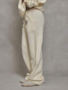 MUSERA 针织字母阔腿裤，酷女孩风格，街头风，日常穿着，冬季，1997年晚宴优雅款 - 奶油色 - 查看 4