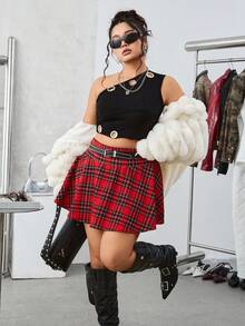 Comfortcana 秋冬大码黑色和红色格子休闲派对衬里迷你裙 - 紅色 - 查看 12