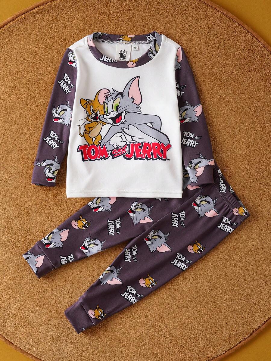 TOM & JERRY X SHEIN 2pcs Baby Boy Cartoon Graphic Crew Neck Long Sleeve Top And Pants Knit Casual Snug Fit Pajama Set