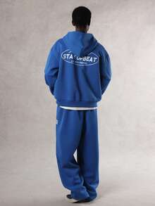 DAZY Men's Letter Print Design Oversized Hoodie Set, Autumn/Winter - Blue - View 3
