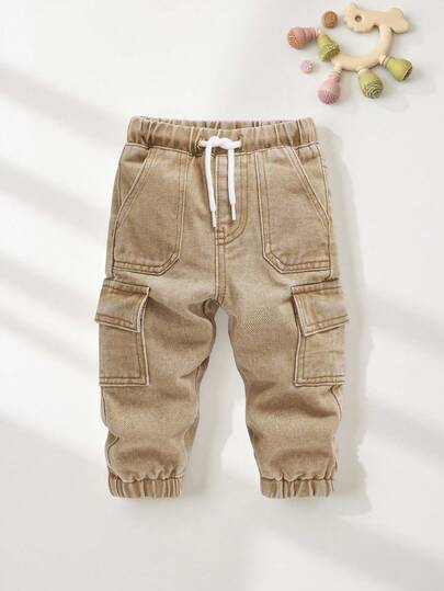 SHEIN Playful Pals Baby Boys' Casual Khaki Washed Denim Cargo Pants, Elastic Waist With Drawstring, Stylish Street Fashion, Essential Item For Babies, Simple Jeans For Daily OOTD, Outings, Autumn New Arrival