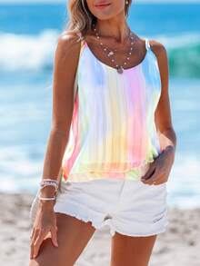 Sylviya 女士休闲彩虹印花吊带背心，基本款夏季日常装 - 彩色 - 查看 5