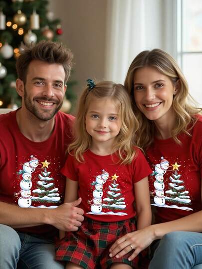 Merry Christmas Girls Toddler Creative Cartoon Cute Santa Hat, Snowman, Christmas Tree Graphic Print Casual Short Sleeve T-Shirt, Suitable For Christmas Party Outfit