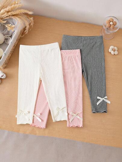 SHEIN Vintaside Kids 1件女婴可爱蝴蝶结装饰打底裤，甜美透气夏季婴儿裤