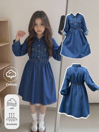 SHEIN 这款少女时尚休闲Y2K复古酷炫街头风长袖牛仔连衣裙，采用精致褶裥设计，宽松舒适，适合少女日常穿着，柔软舒适，是秋冬季节、派对、居家穿着的理想之选。它既是街头风单品，也是校园风牛仔连衣裙的完美之选。