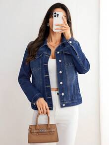 Elenzga Casual Loose Long Sleeve Front Button Women Denim Jackets - Dark Wash - View 1