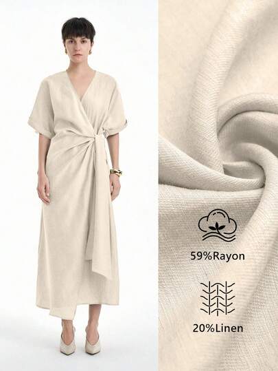 Aalyst 杏色简约休闲 V 领垂肩围裹式长裙，女款，天然舒适面料，适合春夏季