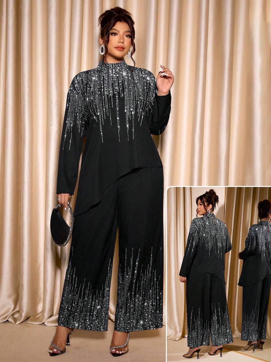 Cravure Set de 2 piezas talla grande para mujer: Blusa de manga larga con cuello mao, bajo asimétrico y estampado de agua, y pantalón de pierna ancha con estampado de agua